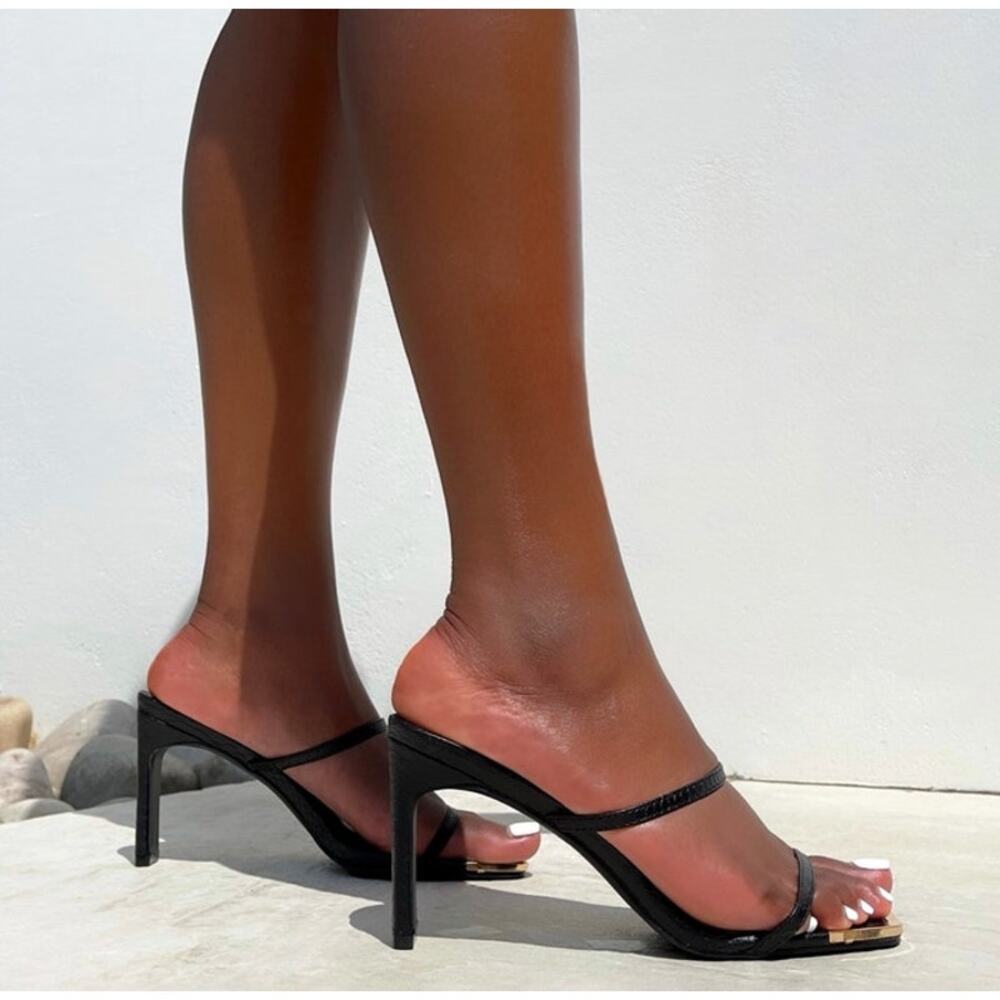 Simmi London Tanner Black Faux Snake Print 2 Strap Mules Gold Sandals Size 8 NEW